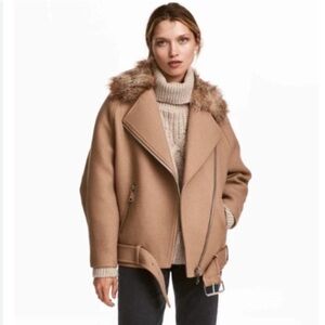 H&M twill wool blend biker jacket with faux fur collar